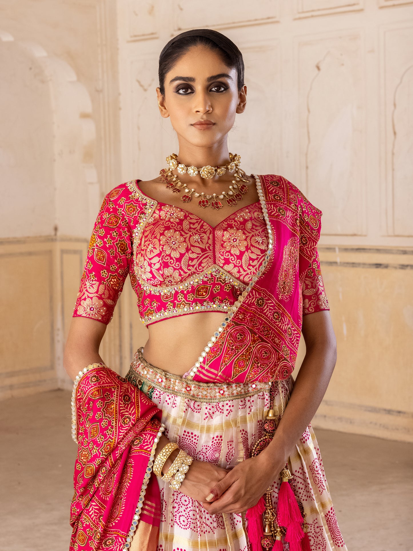 WHITE & GREEN GAJI SILK PRINTED LEHENGA