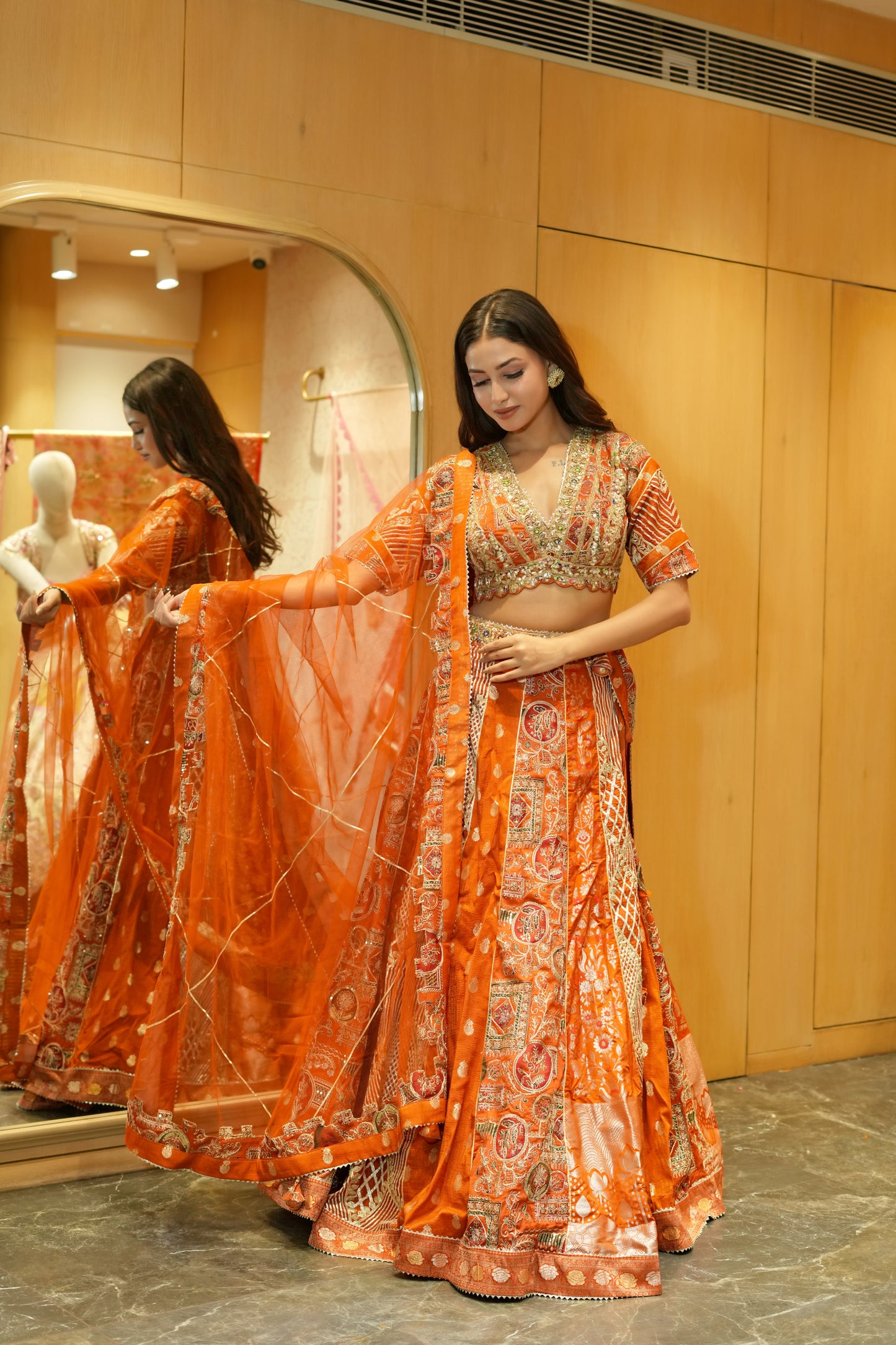 SPANISH ORANGE MULTI KALI LEHENGA