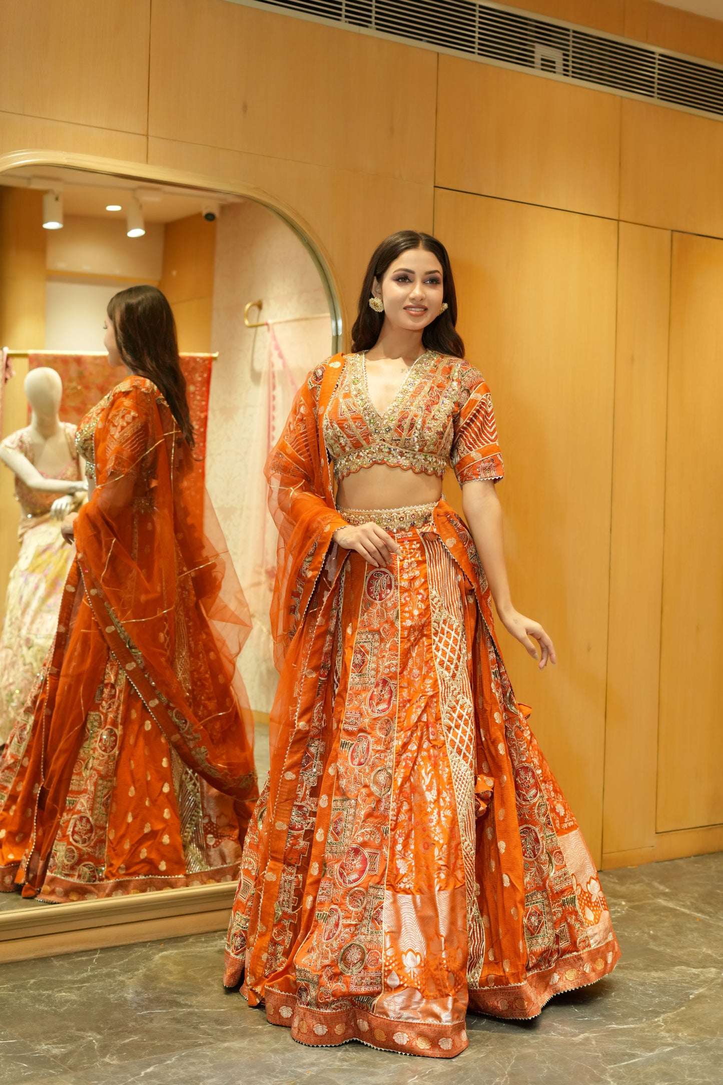 SPANISH ORANGE MULTI KALI LEHENGA
