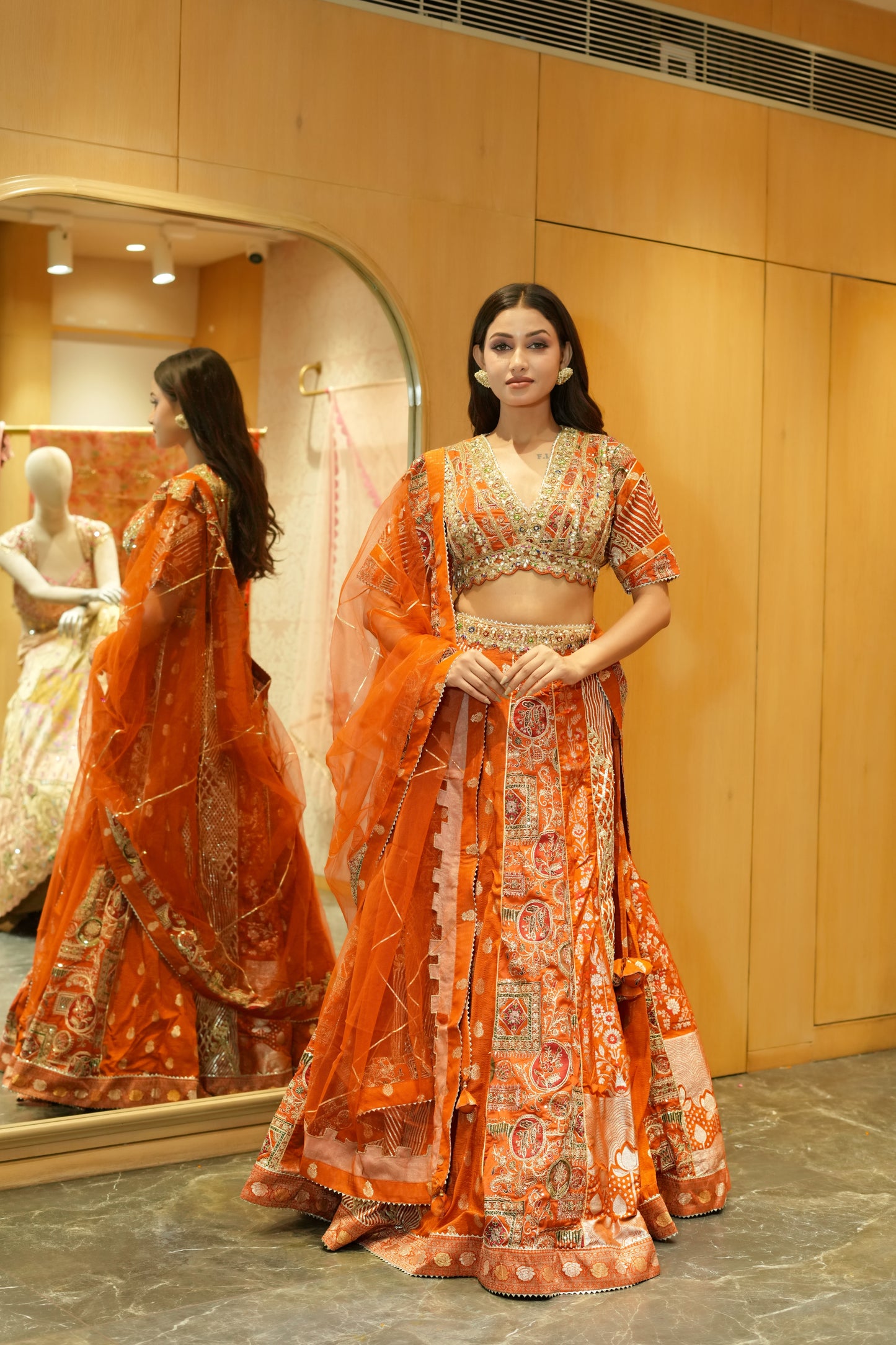 SPANISH ORANGE MULTI KALI LEHENGA