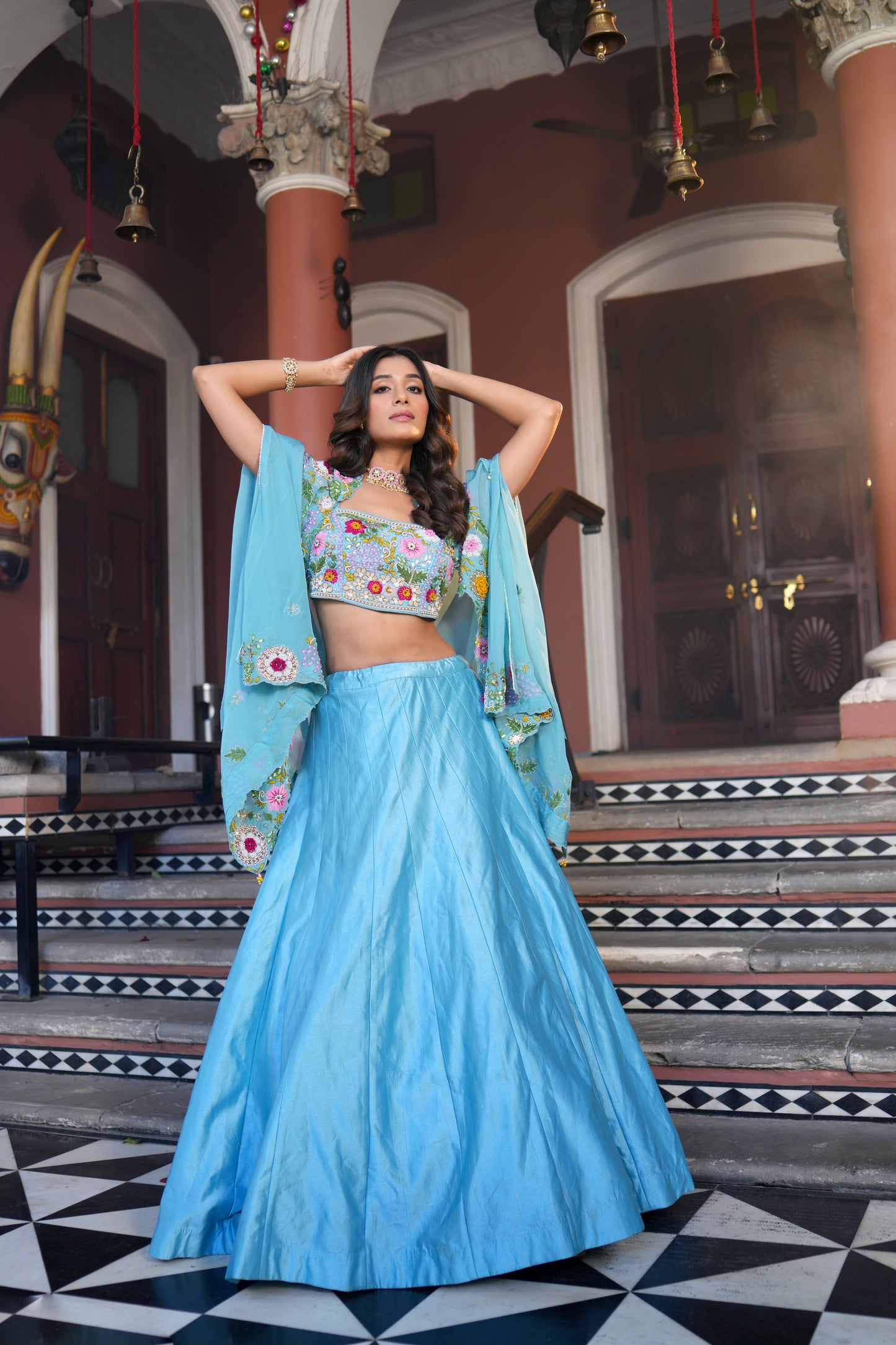 TURQUOISE BLUE LEHENGA WITH CAPE