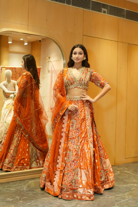 SPANISH ORANGE MULTI KALI LEHENGA