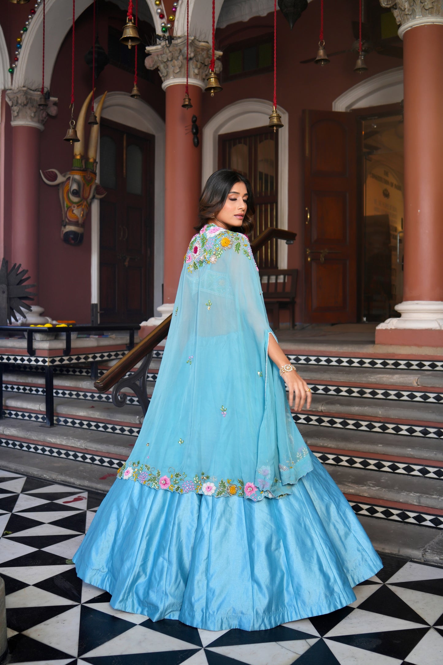 TURQUOISE BLUE LEHENGA WITH CAPE