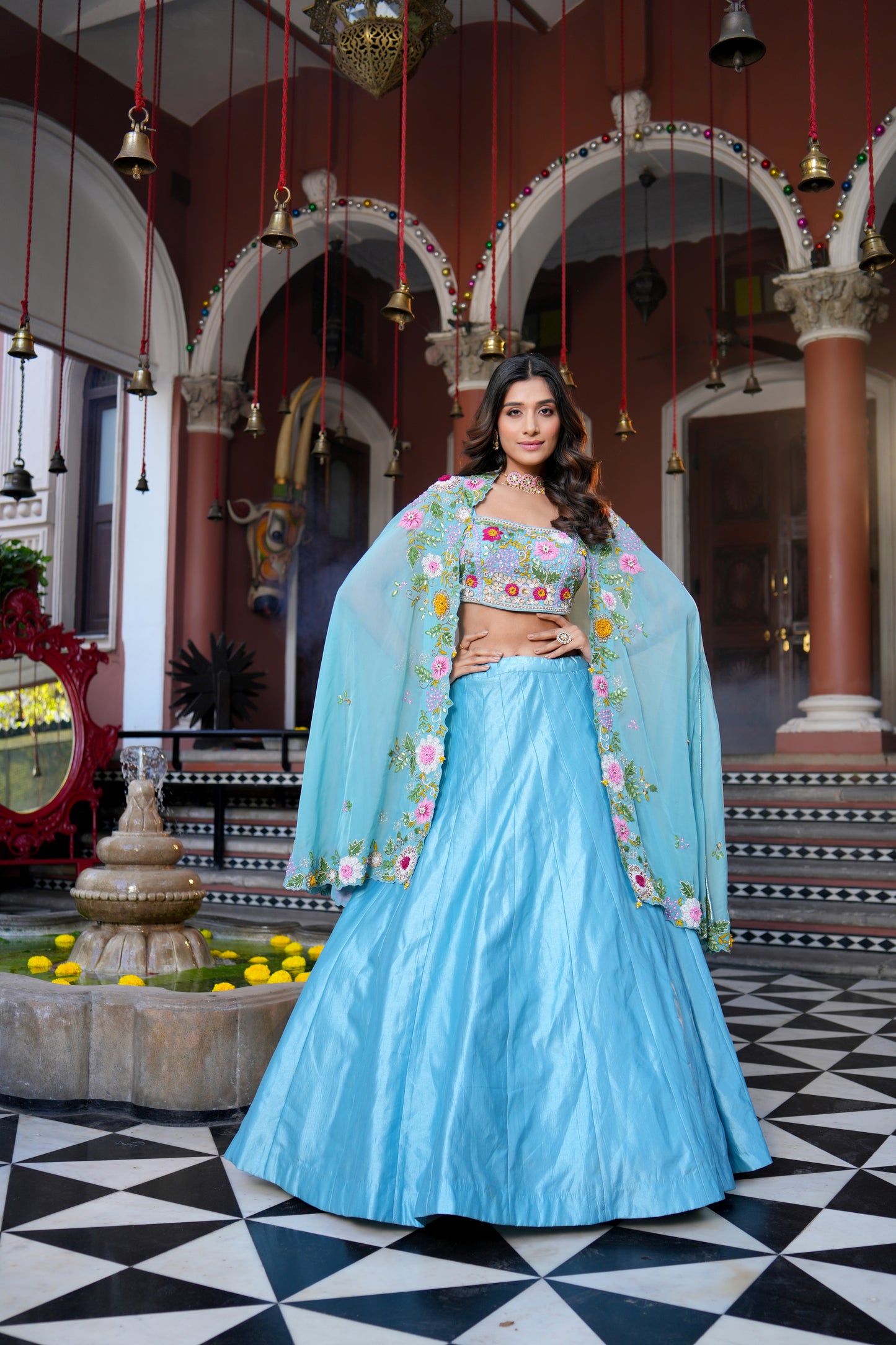 TURQUOISE BLUE LEHENGA WITH CAPE
