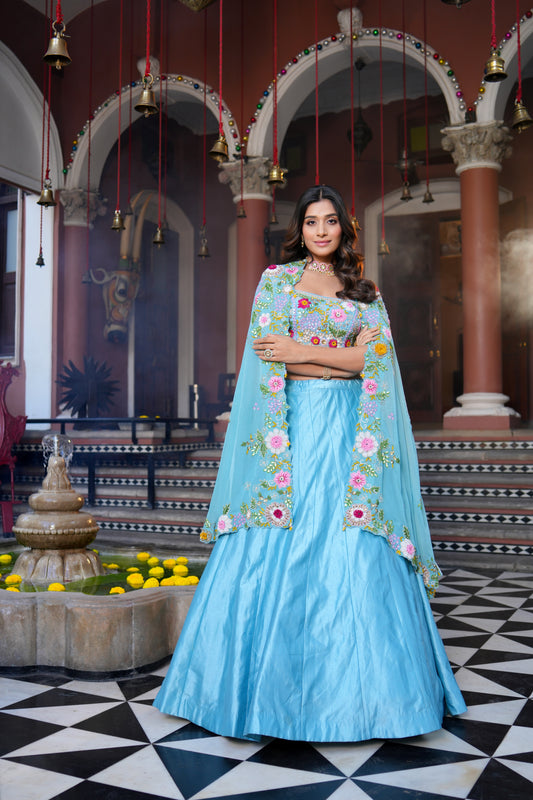 TURQUOISE BLUE LEHENGA WITH CAPE
