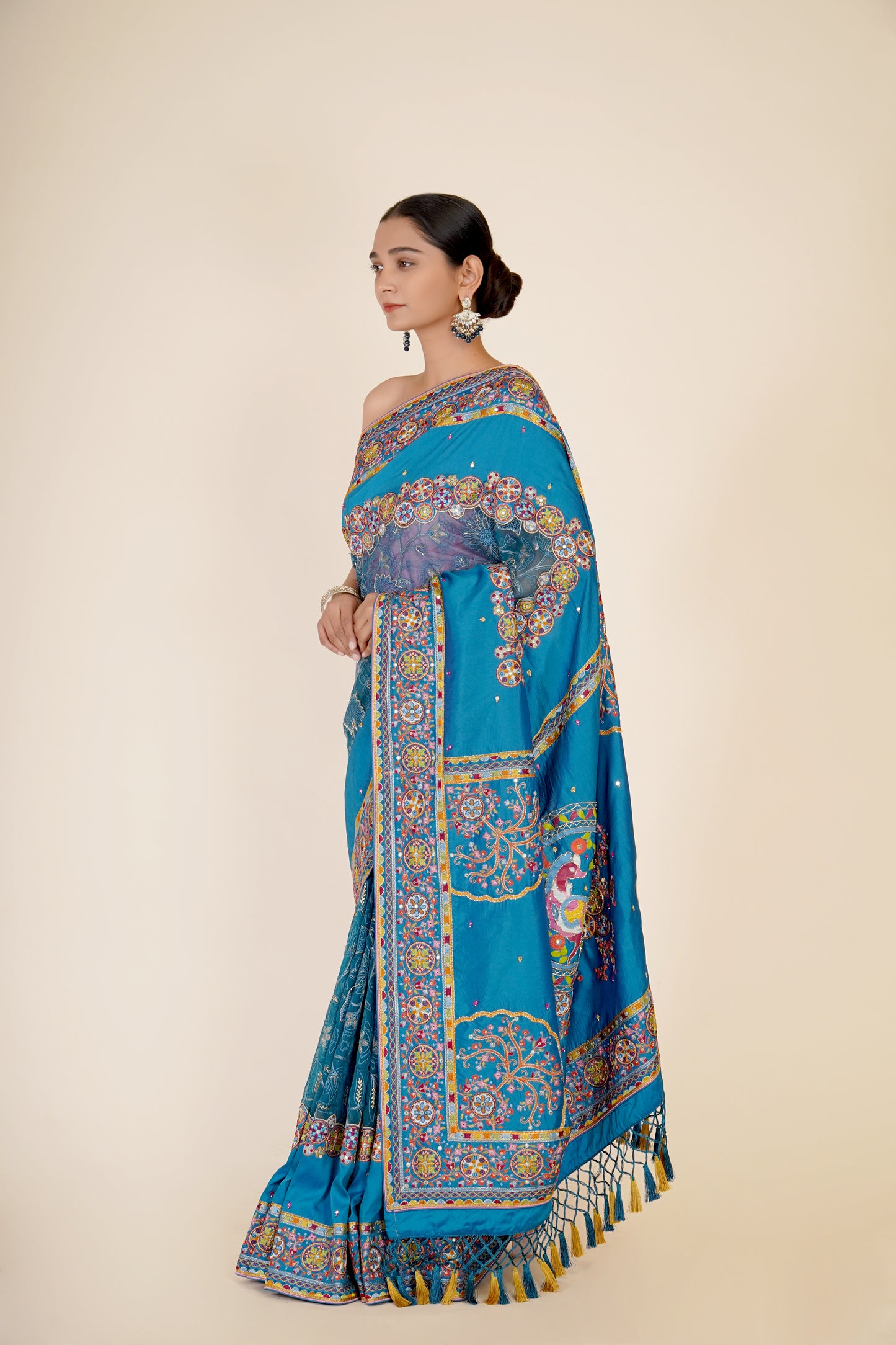 TURQUOISE BLUE ORGANZA AND DOLA SILK SAREE