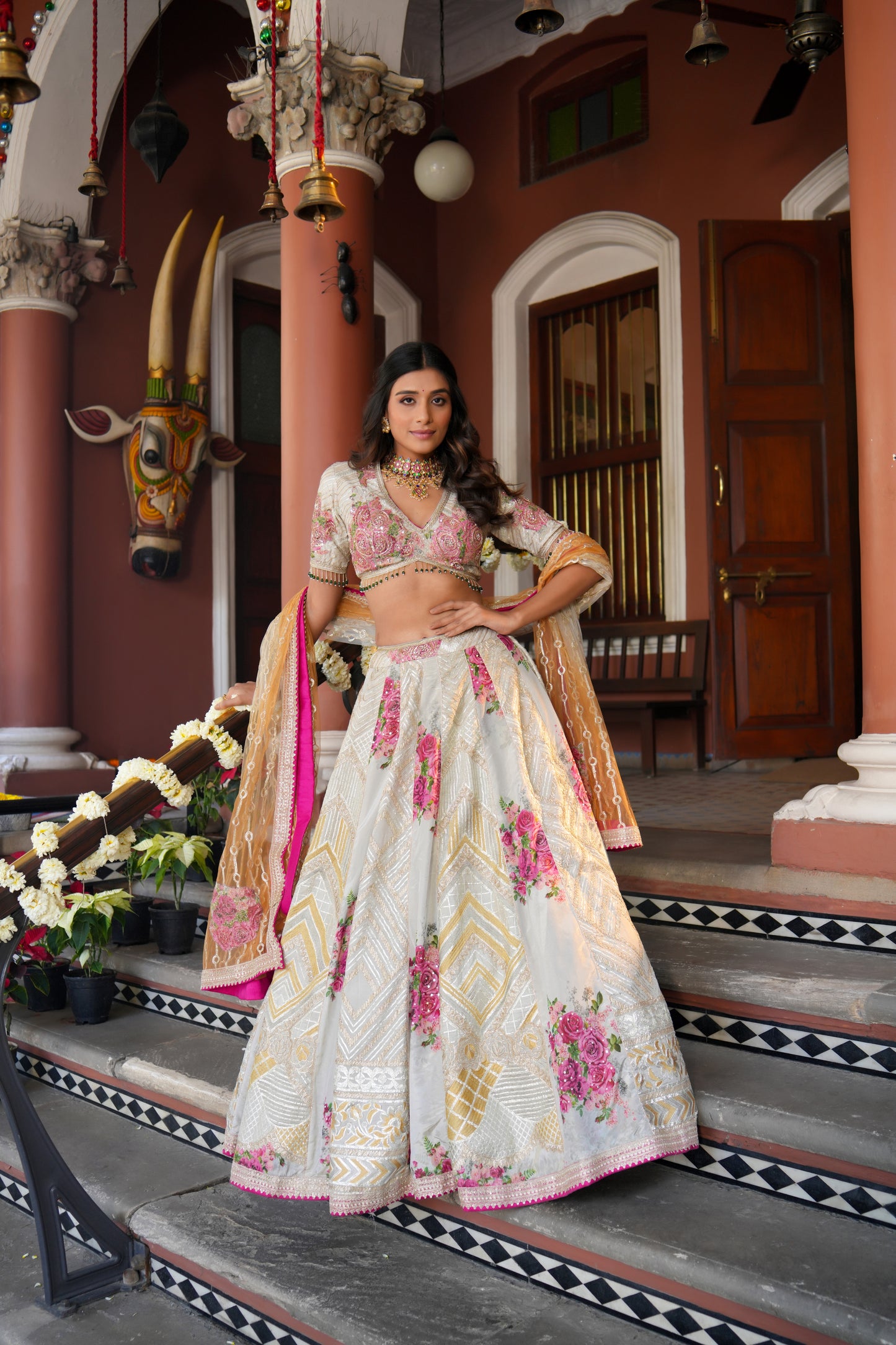 IVORY GOTA PATTI SILK TISSUE LEHENGA
