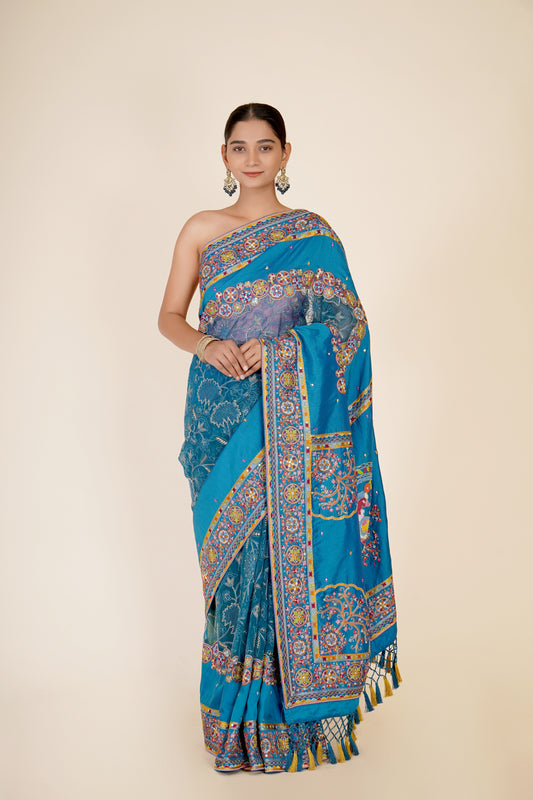 TURQUOISE BLUE ORGANZA AND DOLA SILK SAREE