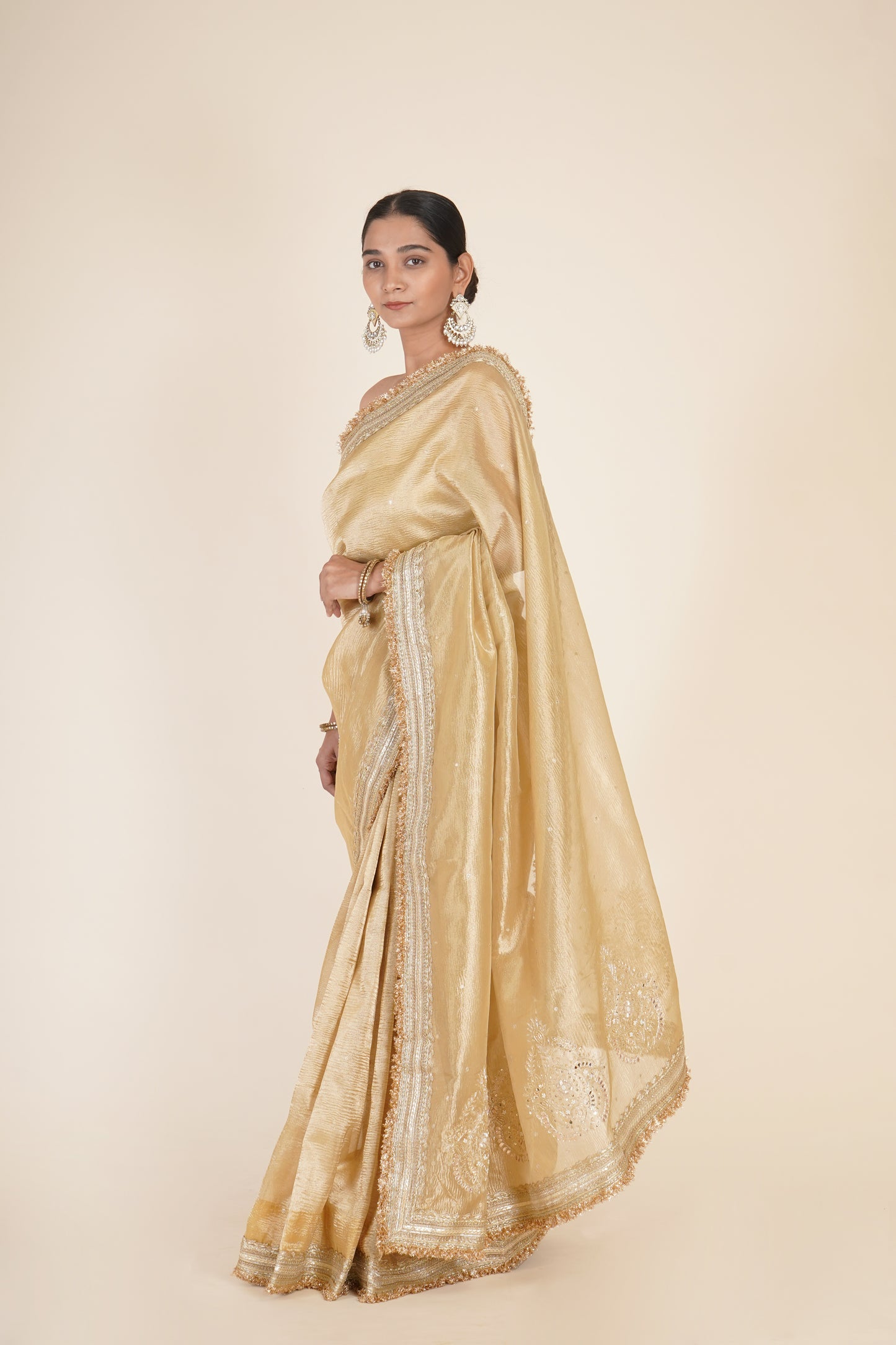 GOLDEN CRUSHED TISSUE ORGANZA SAREE