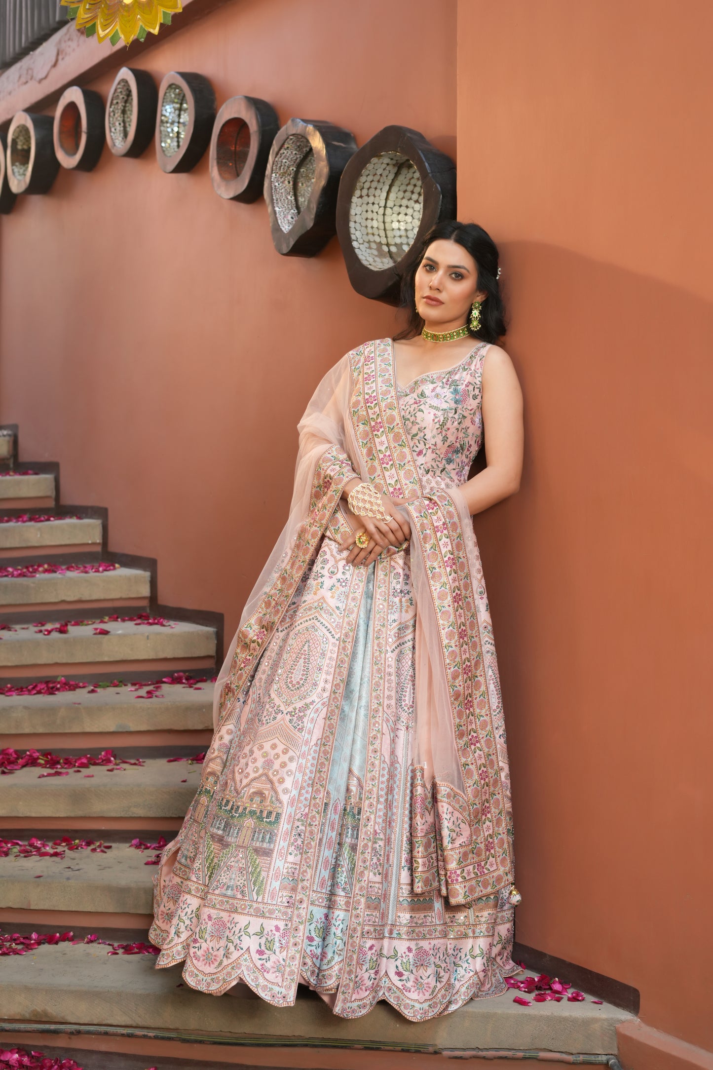 PINK PRINTED EMBROIDERED GOWN