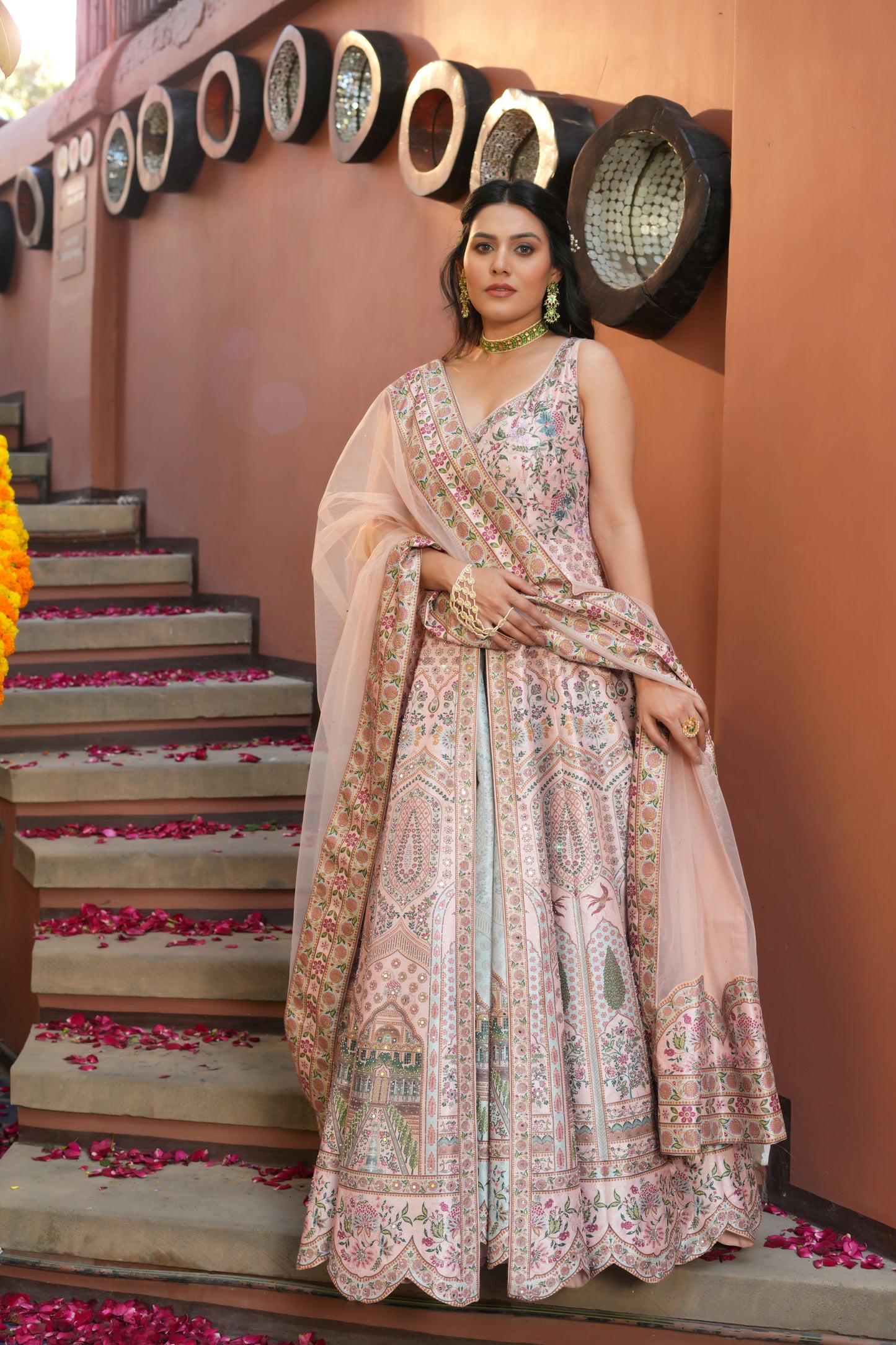 PINK PRINTED EMBROIDERED GOWN