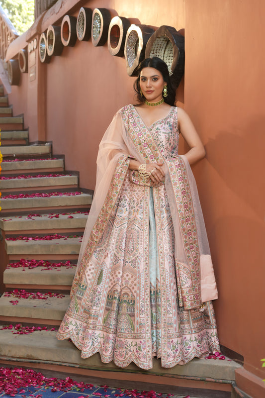 PINK PRINTED EMBROIDERED GOWN