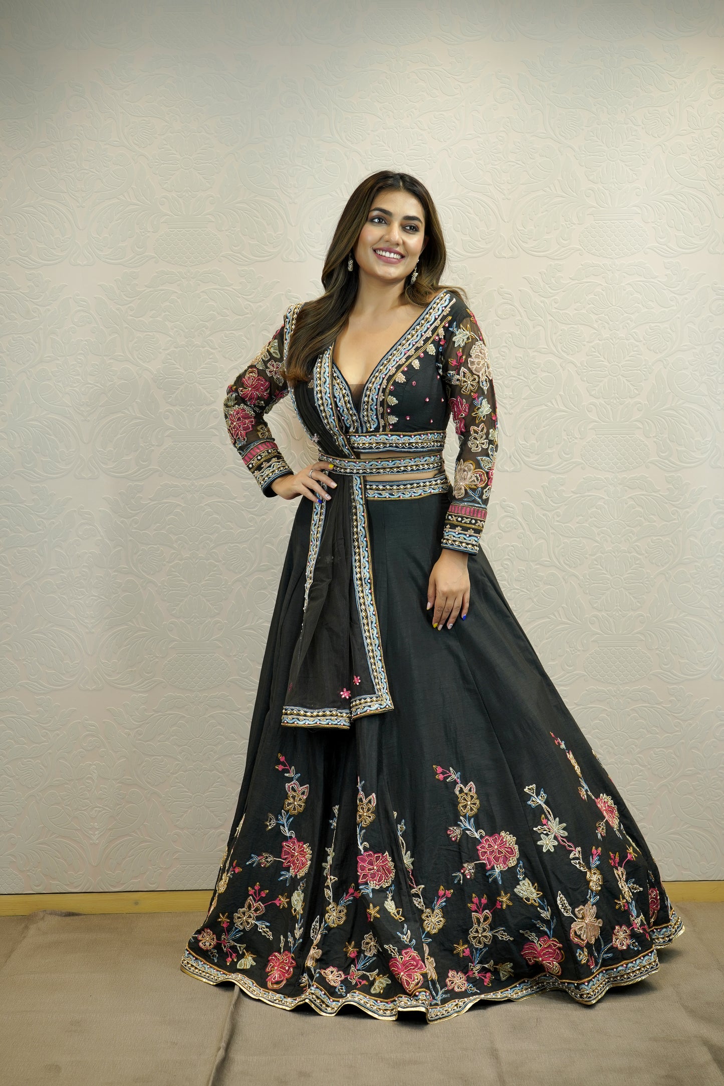 MIDNIGHT BLACK FLORAL EMBROIDERY LEHENGA