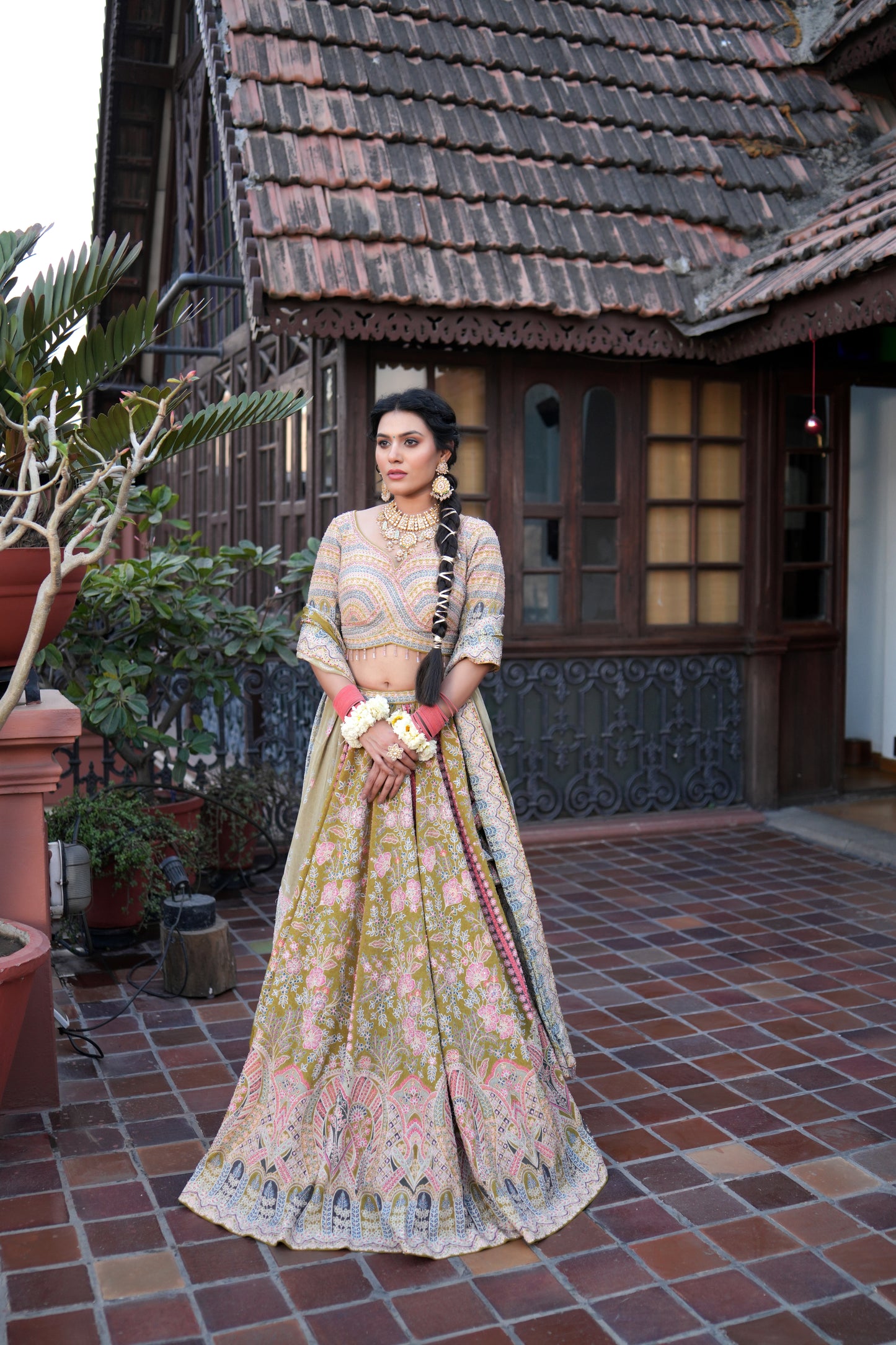 OLIVE GREEN CREPE SILK LEHENGA
