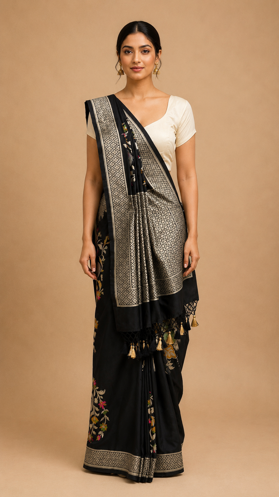 Black Floral Woven Saree