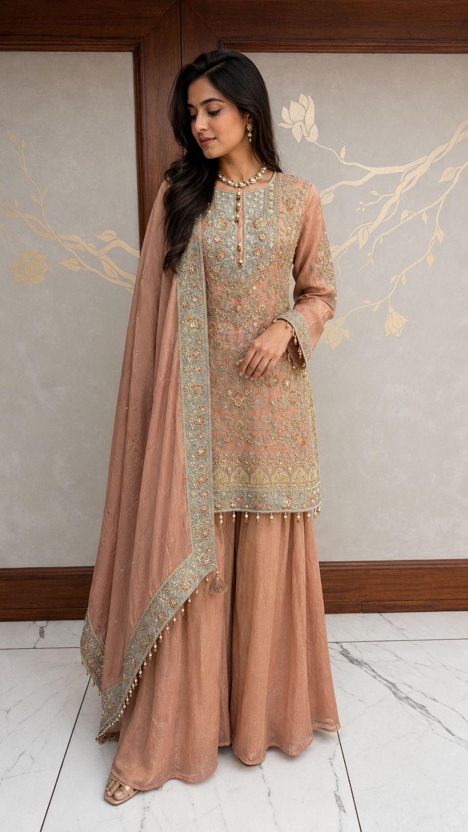 Blush Peach Embroidered Kurta Palazzo Set