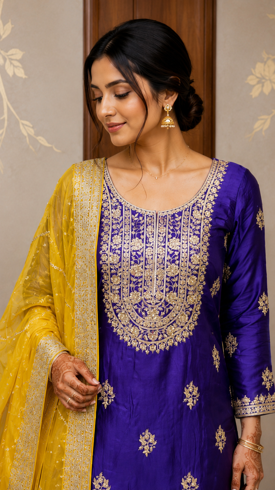 Royal Purple Embroidered Kurta Palazzo Set with Yellow Dupatta