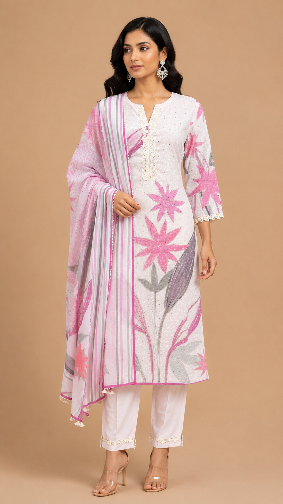 White Floral Printed Kurta Set
