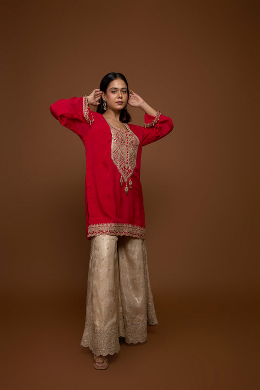 RED KURTA AND SHARARA PANTS SET