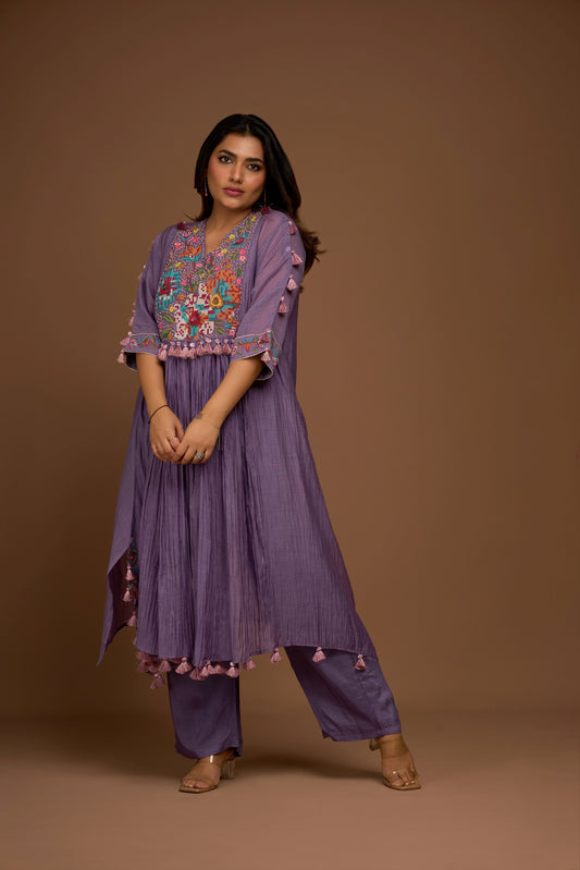 LILAC PURE MUL CHANDERI PLEATED SET