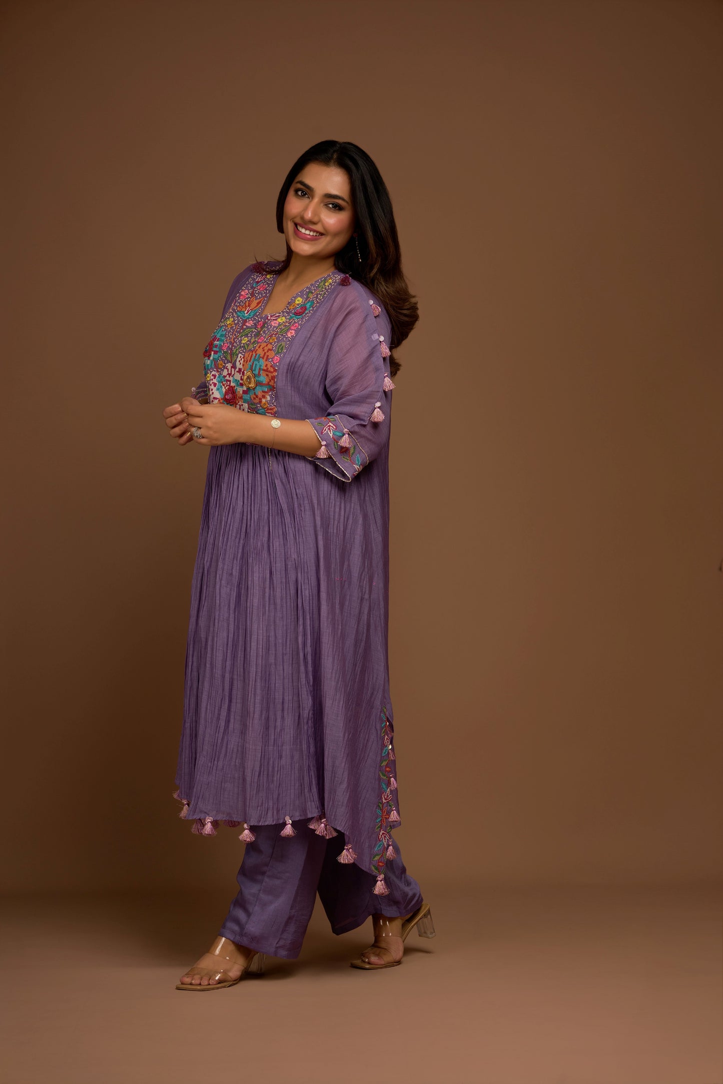 LILAC PURE MUL CHANDERI PLEATED SET
