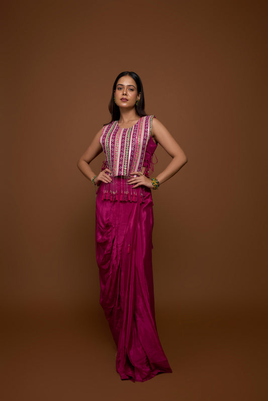 PURPLE JACKET AND COWL SKIRT SET