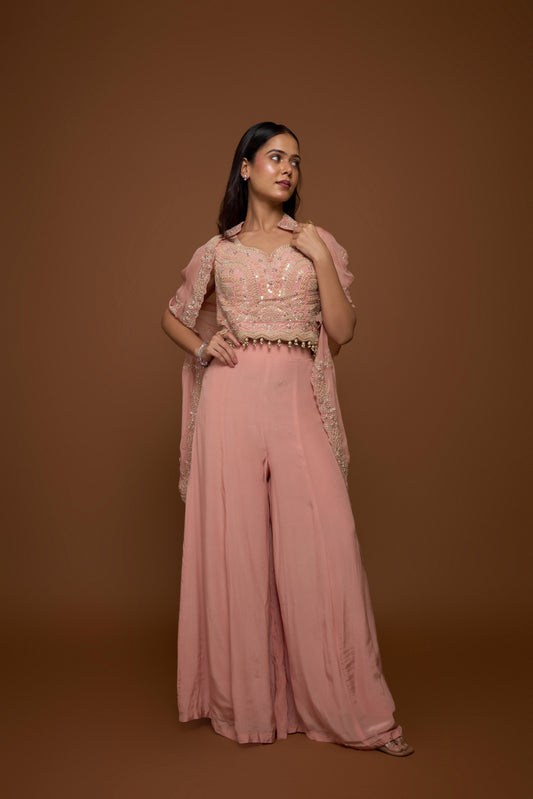 SALMON PINK CAPE AND PALAZZO PANTS SET