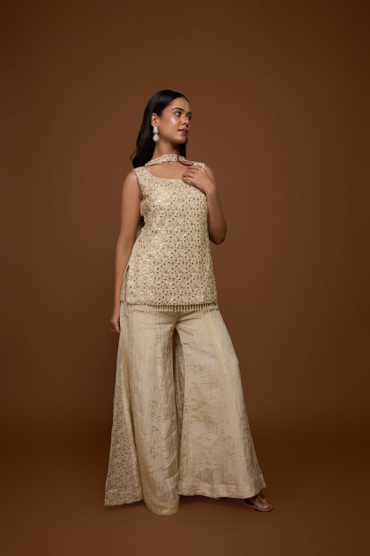 CREME KURTA AND SHARARA PANTS SET