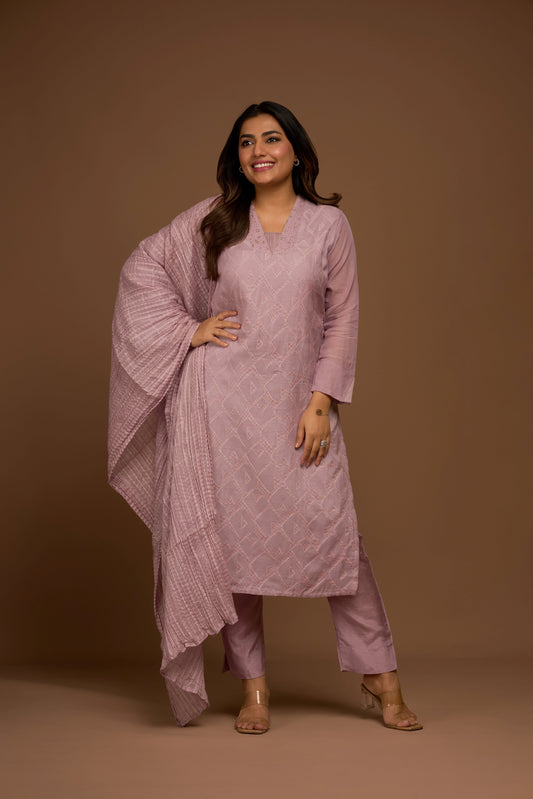 LILAC KURTA PANT SET WITH DUPATTA