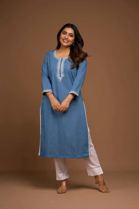 GREYISH BLUE KURTA PANT SET WITH DUPATTA