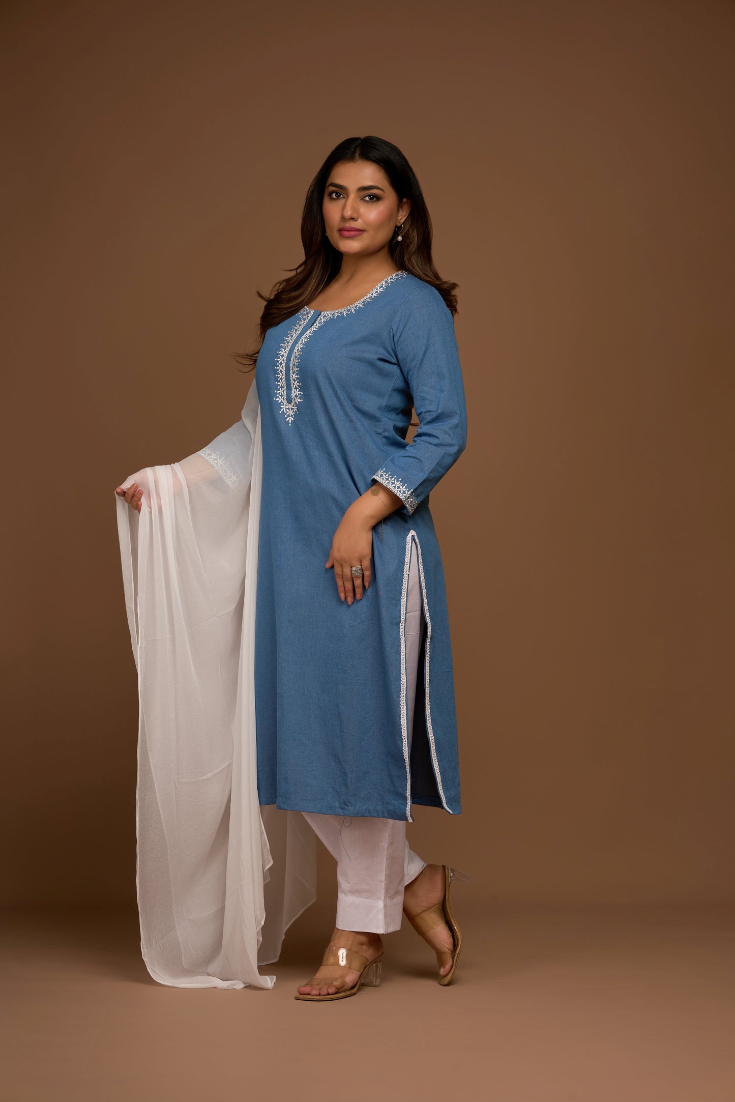 GREYISH BLUE KURTA PANT SET WITH DUPATTA