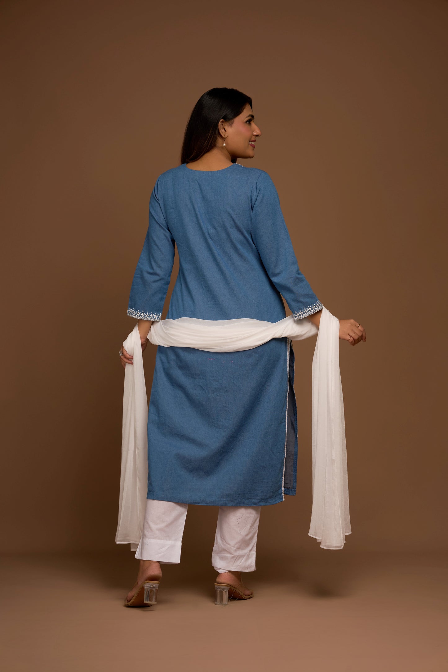 GREYISH BLUE KURTA PANT SET WITH DUPATTA