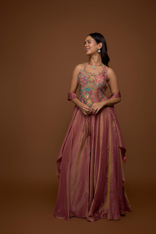 GOLD PINK HALTER BLOUSE AND PALAZZO SET