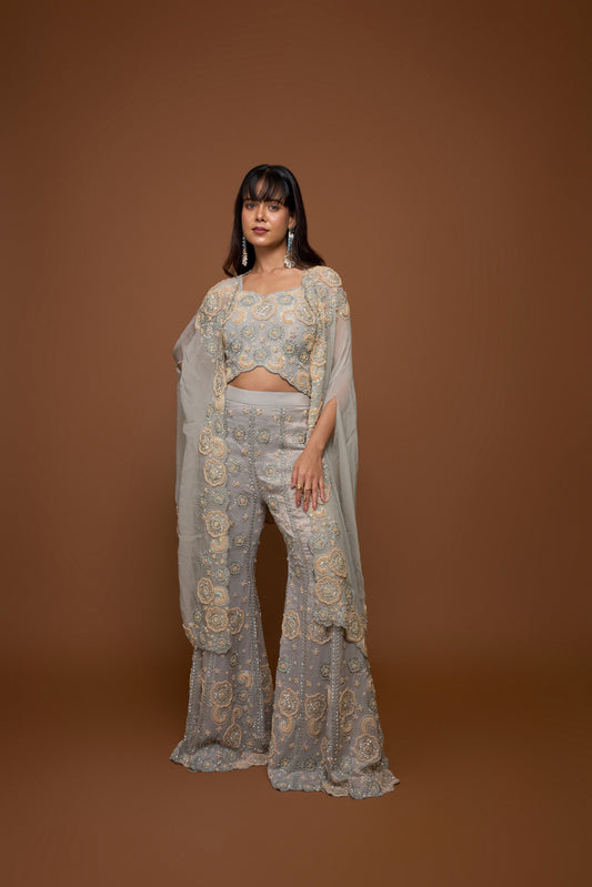 FROST BLUE CAPE AND SHARARA PANTS SET