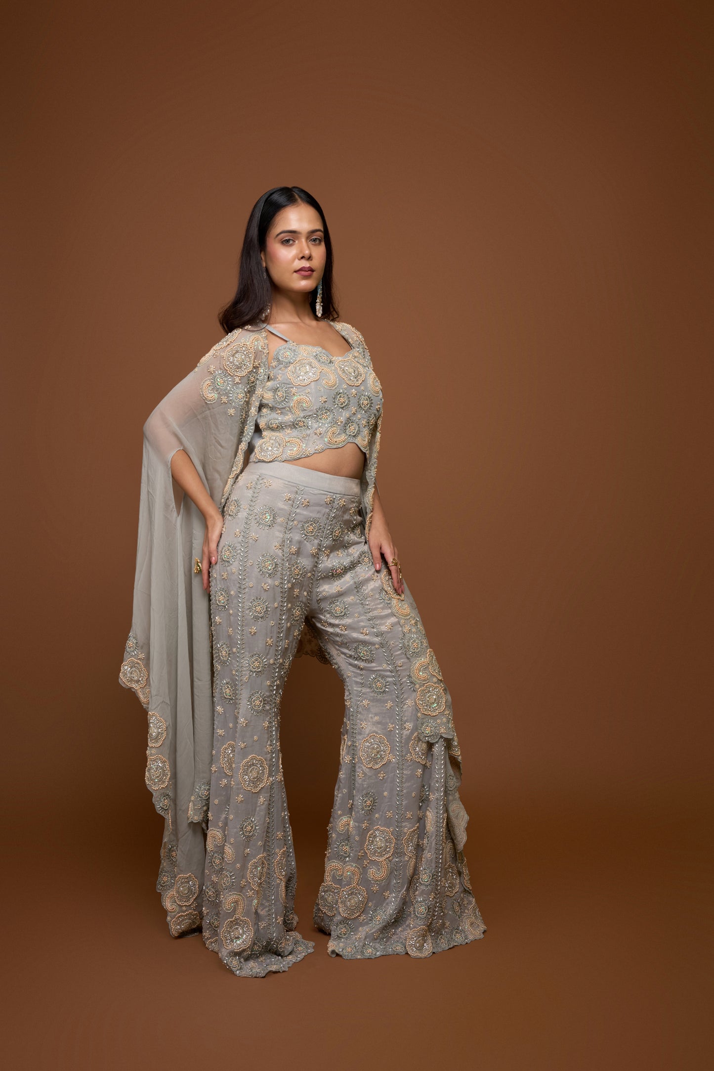 FROST BLUE CAPE AND SHARARA PANTS SET