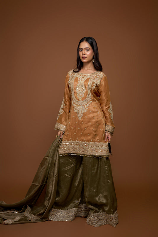 MUSTARD AND GREEN KURTA AND SHARARA SET