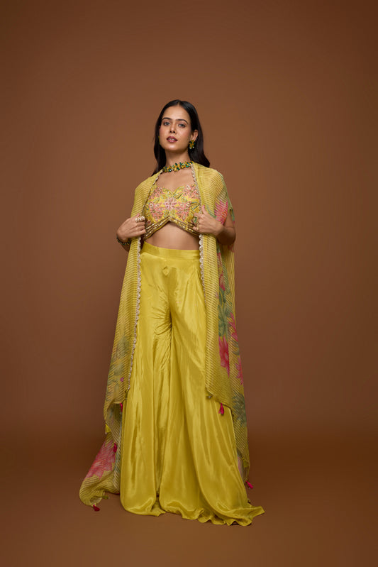 DAFFODIL YELLOW BUSTIER WITH CAPE AND PALAZZO PANTS