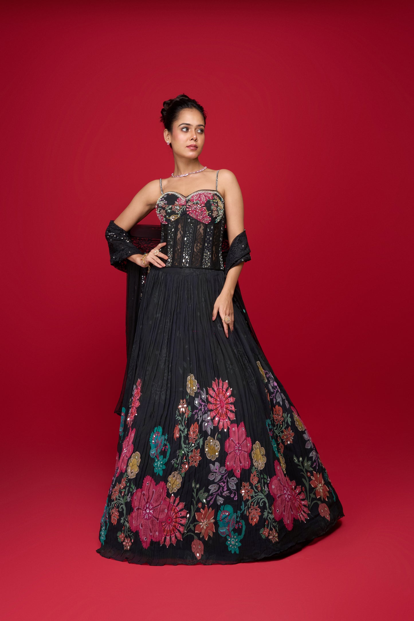 BLACK CREEP FLORAL LEHENGA