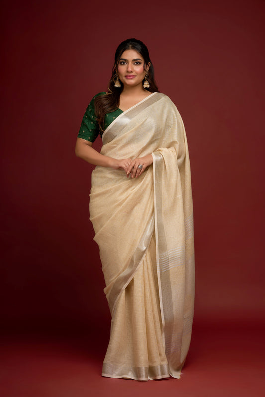 BEIGE AND SILVER TISSUE SAREE