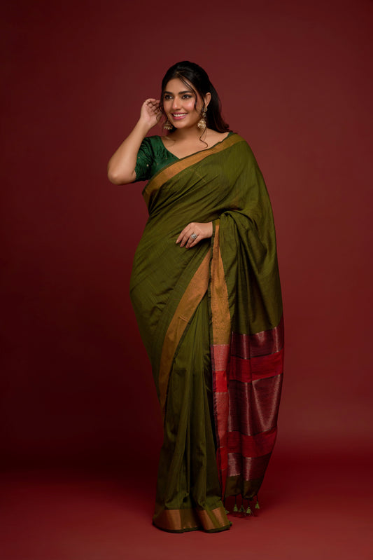 MOSS GREEN LINEN SAREE