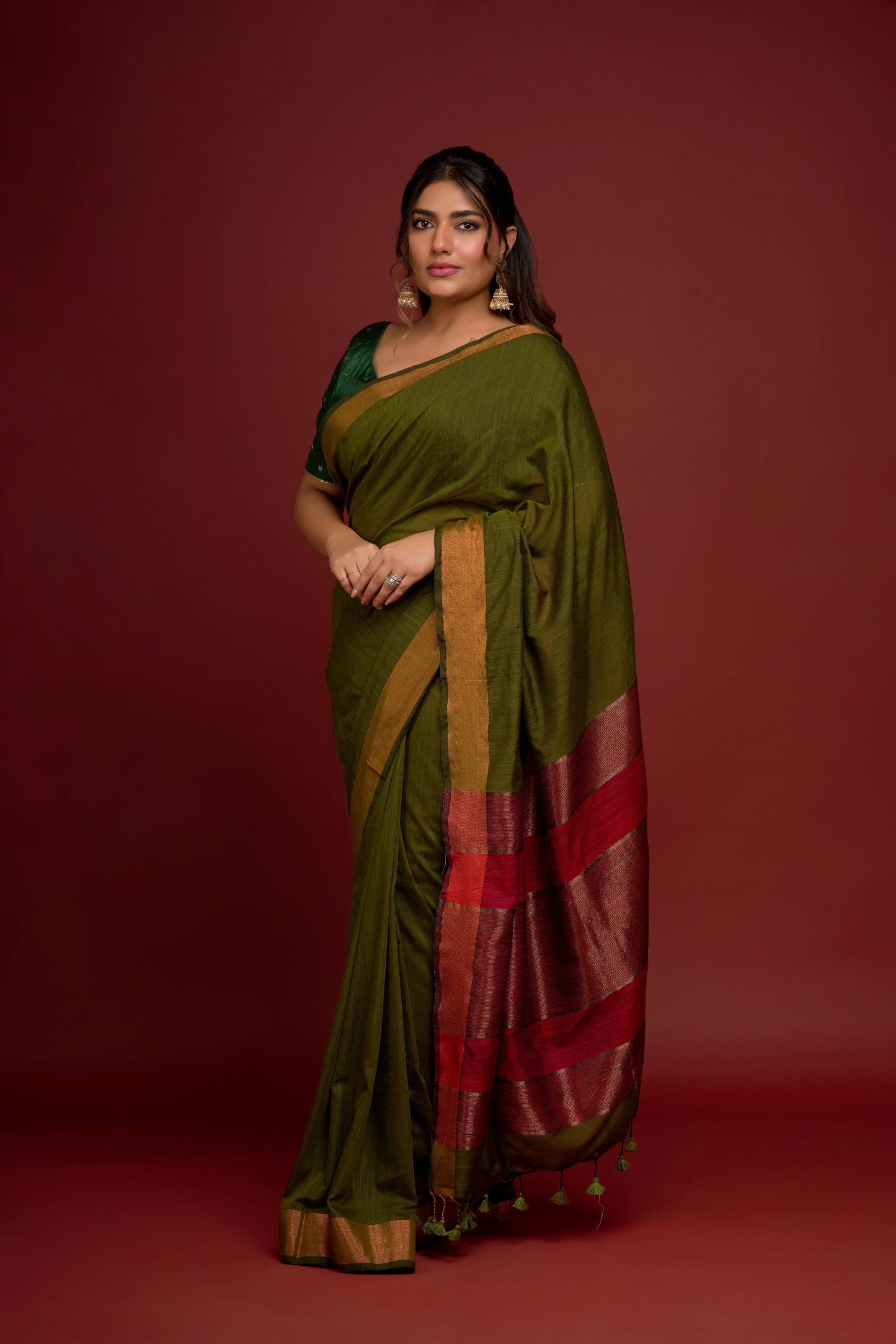MOSS GREEN LINEN SAREE