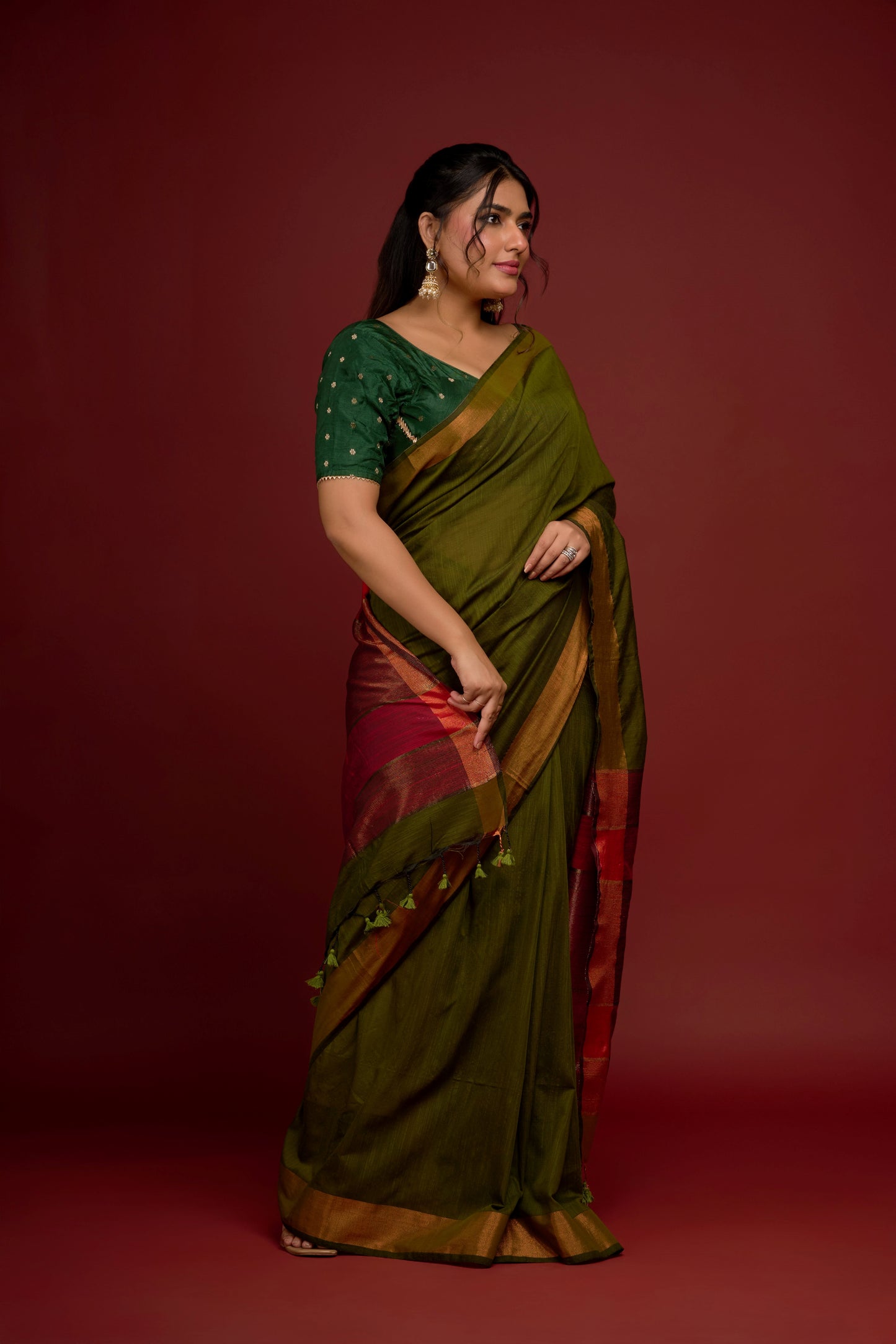 MOSS GREEN LINEN SAREE