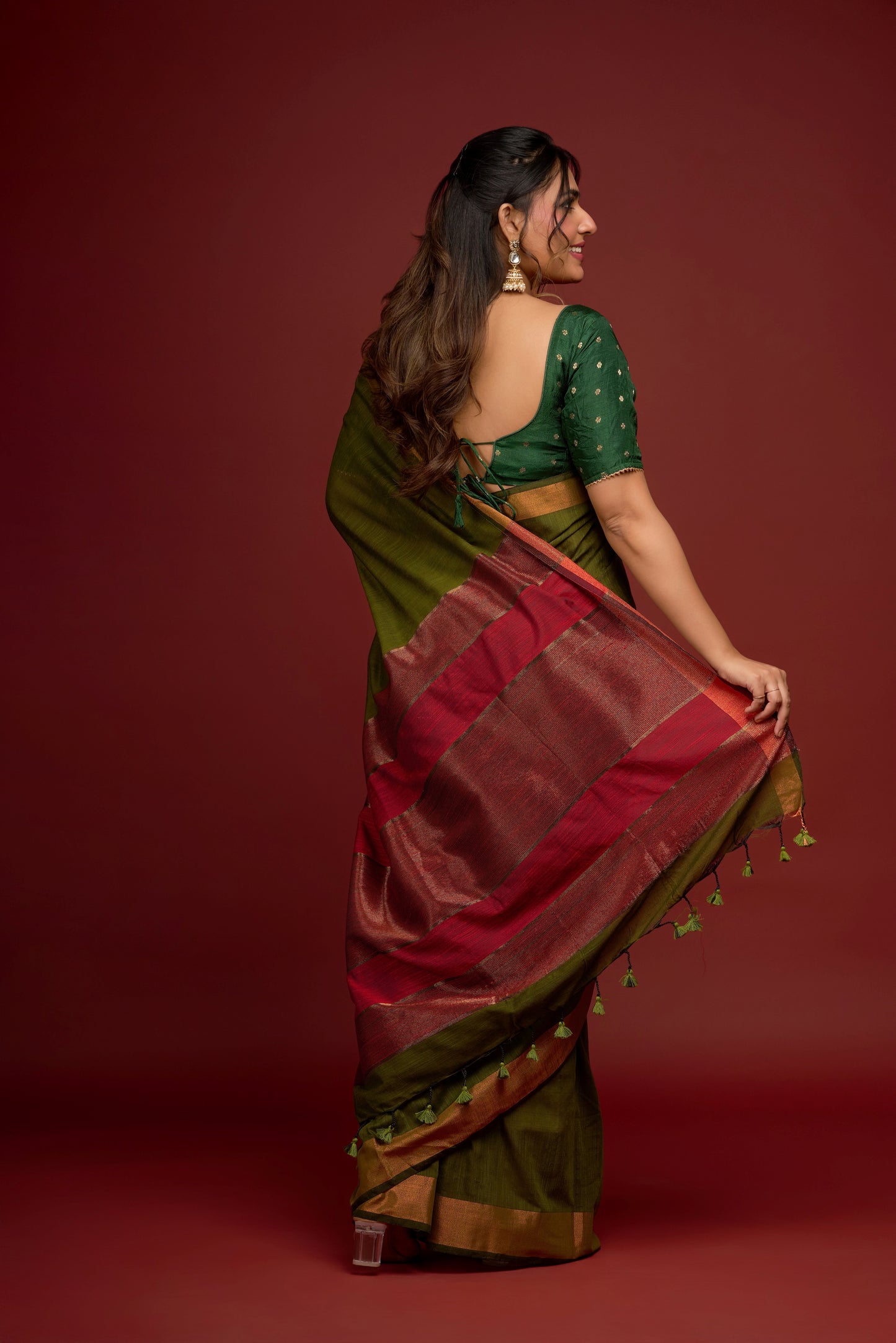 MOSS GREEN LINEN SAREE