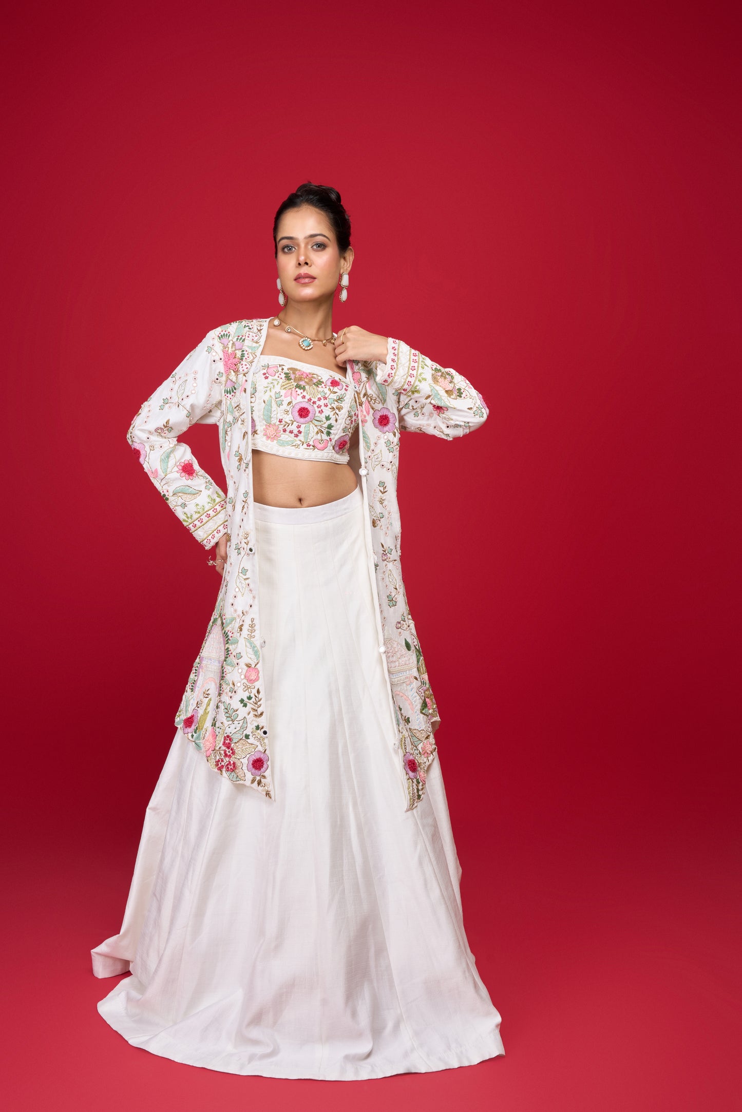 WHITE RAW SILK LONG JACKET LEHENGA