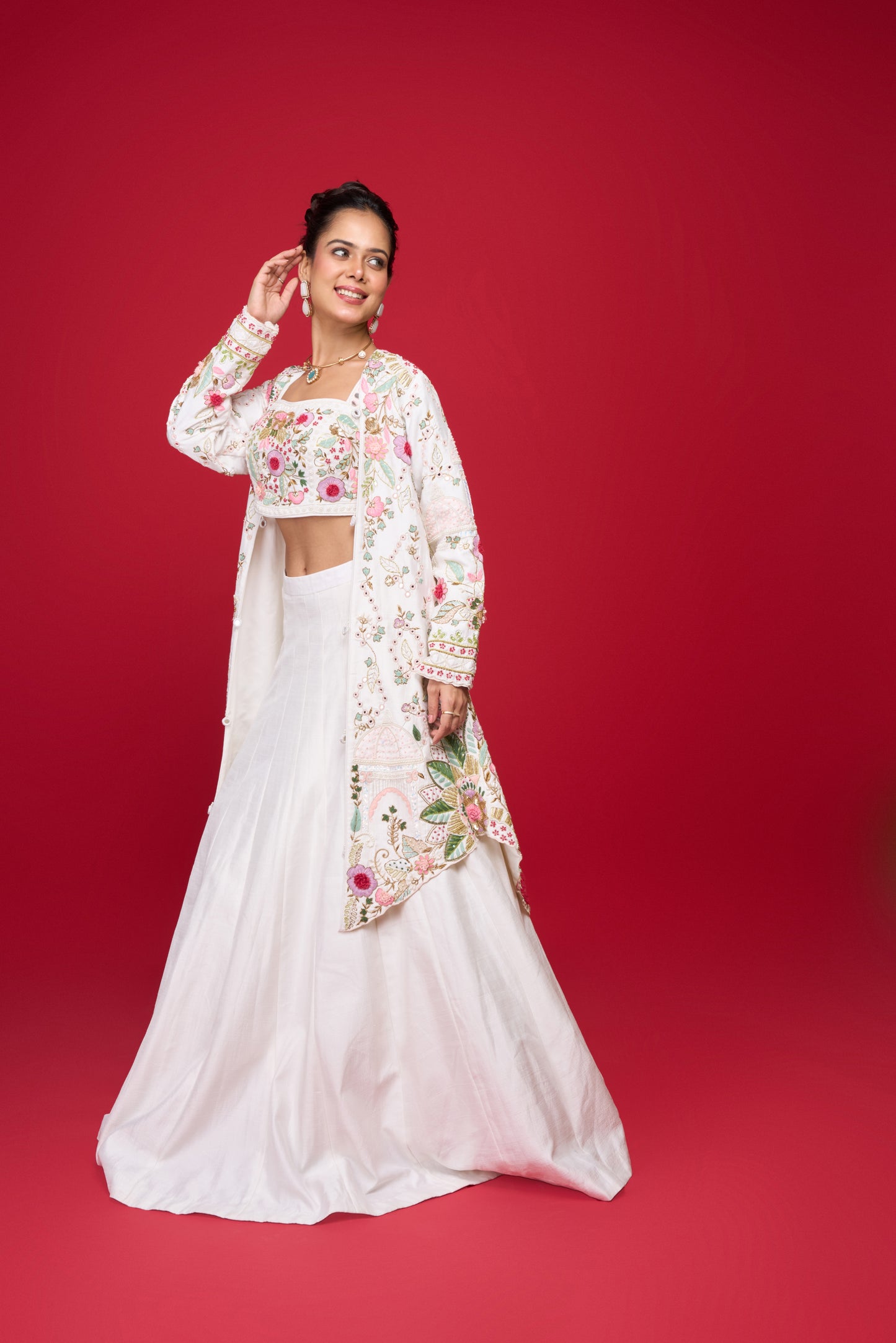 WHITE RAW SILK LONG JACKET LEHENGA