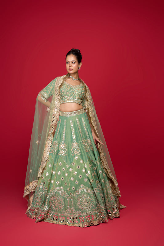 AQUA GREEN MIRROR WORK LEHENGA