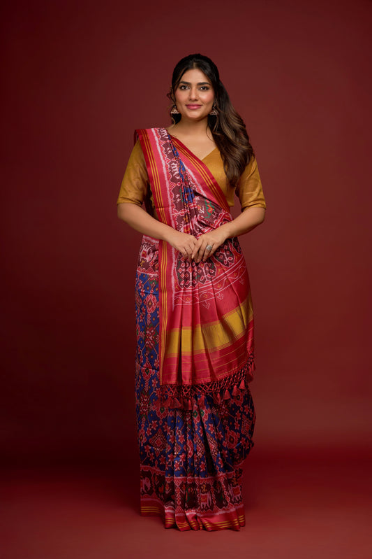 RED AND BLUE SEMI PATOLA SAREE
