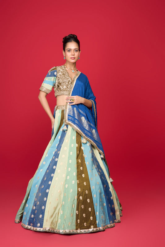 BLUE SILK LEHENGA IN MULTI KALI