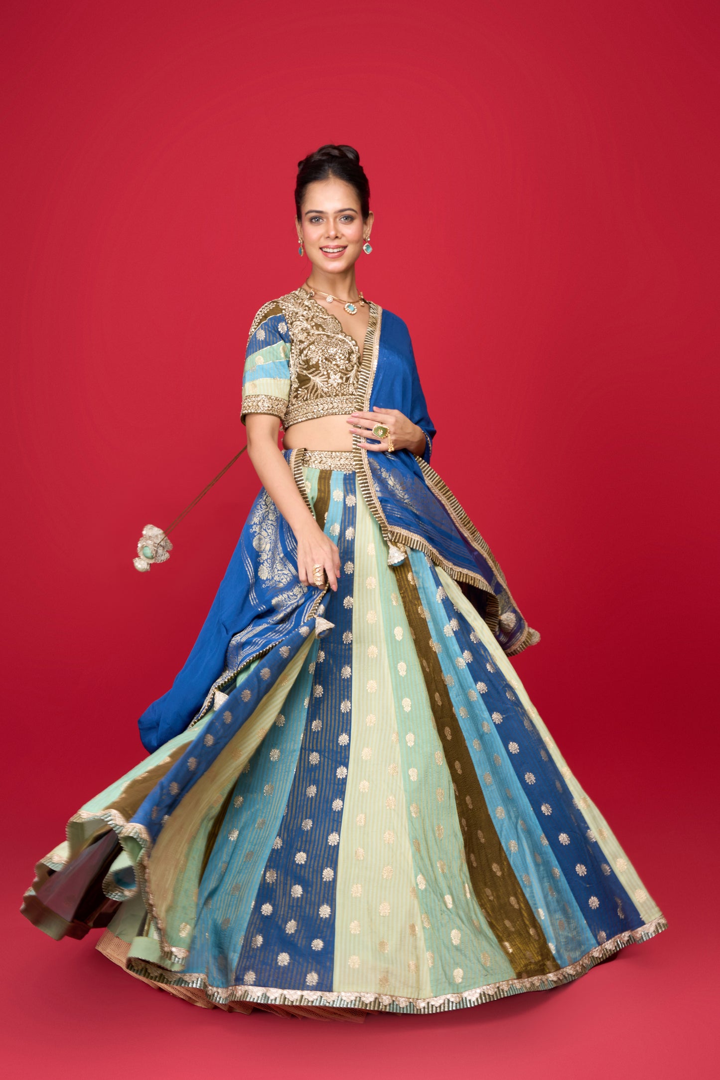 BLUE SILK LEHENGA IN MULTI KALI
