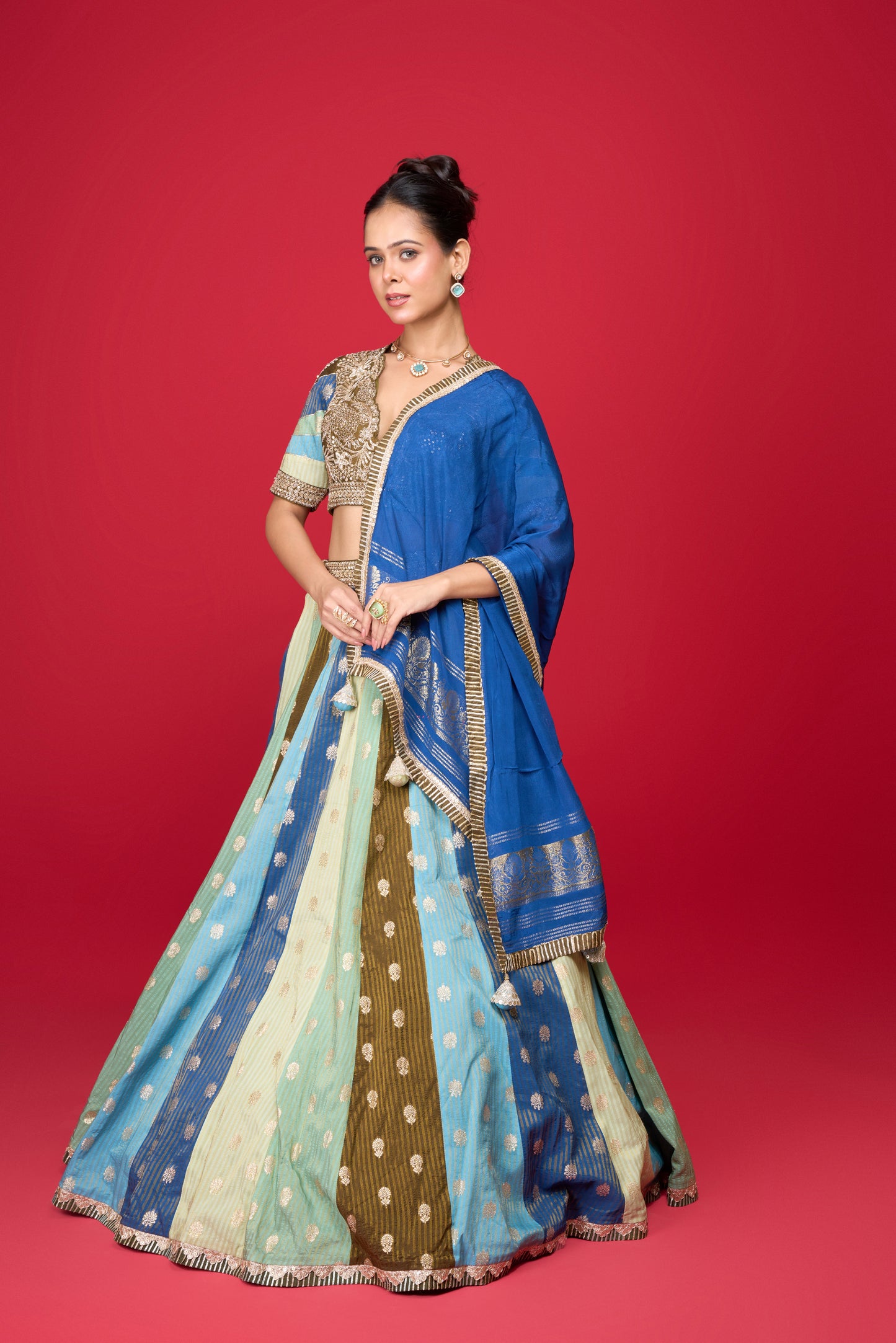 BLUE SILK LEHENGA IN MULTI KALI